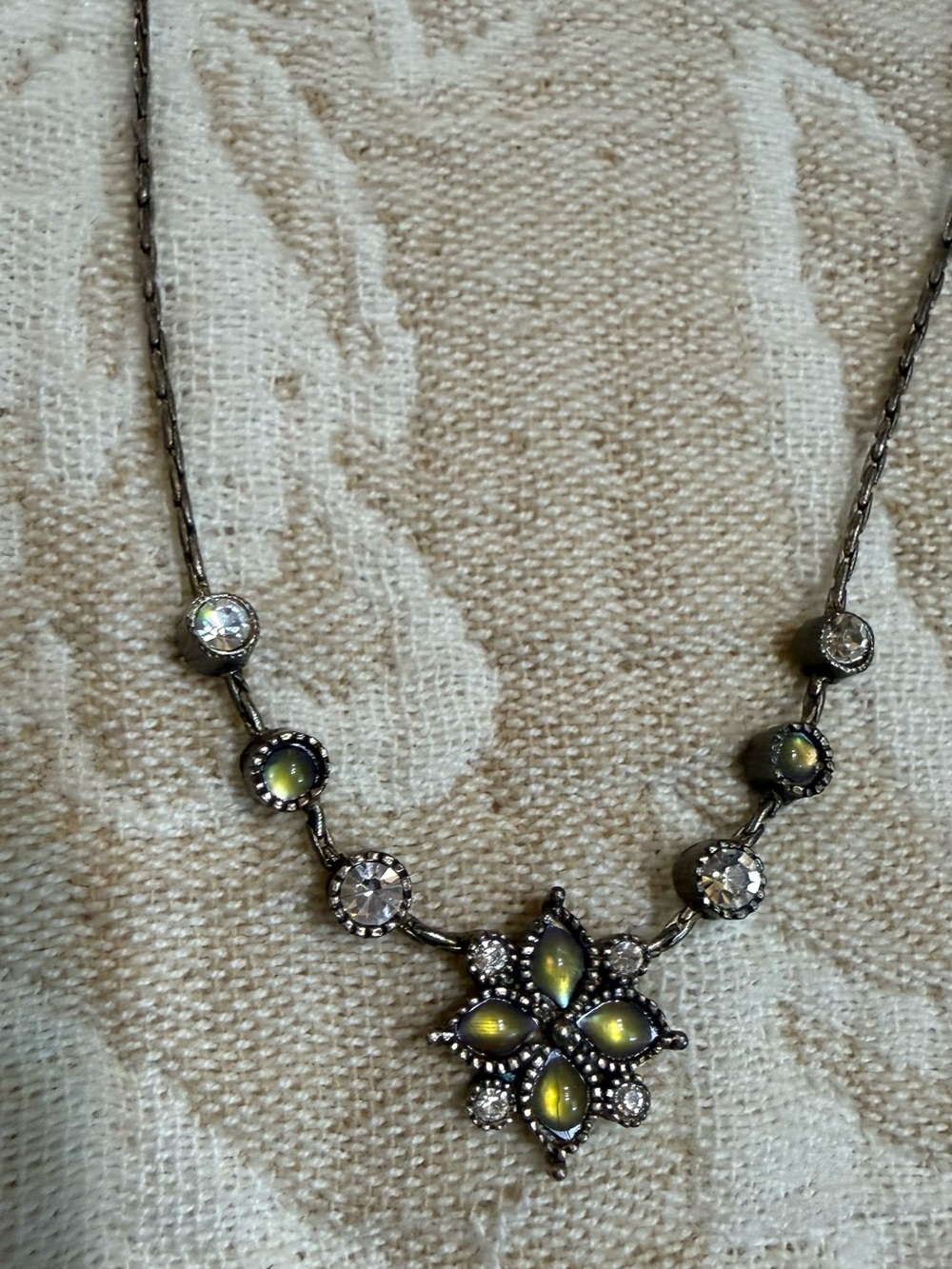 Vintage Gunmetal Silver tone Necklace with Clear Rhinestones and greenish yellow